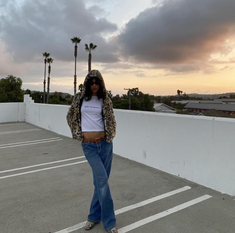 White graphic baby tee with "Girls <3 techno" print